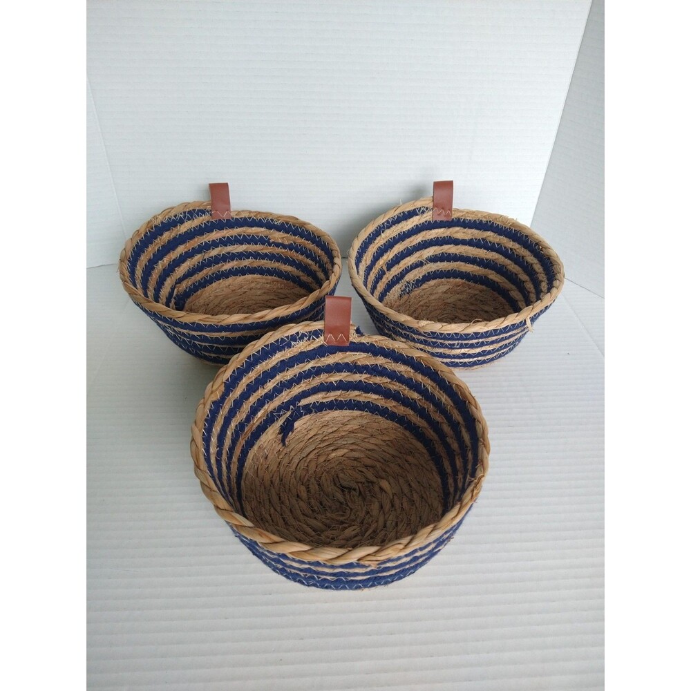 Lot of 3 Seagrass Baskets Navy Stripe Faux Leather 7" Coastal Marine Beach Boho